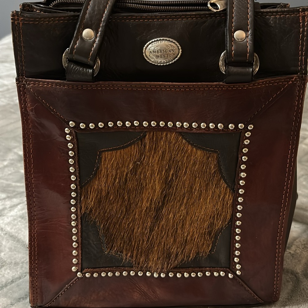 American West Brown Leather & Hair-On Hide Studded Shoulder Bag